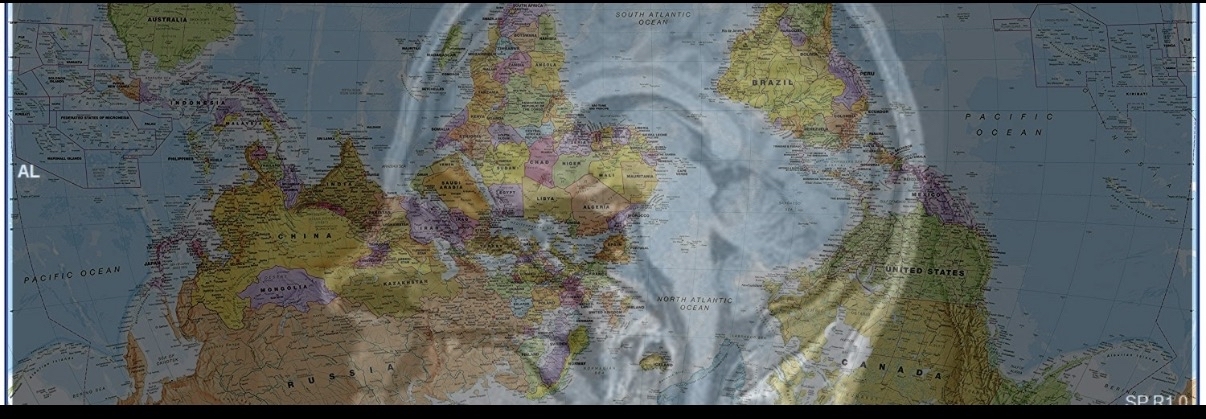 MRI brain scan overlaid with an inverted world map